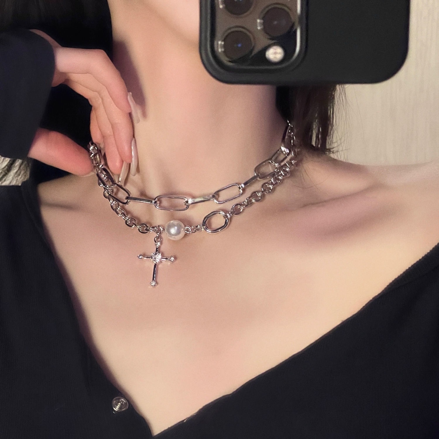 N-stl111-ສາຍຄໍ Pearl Cross Noir